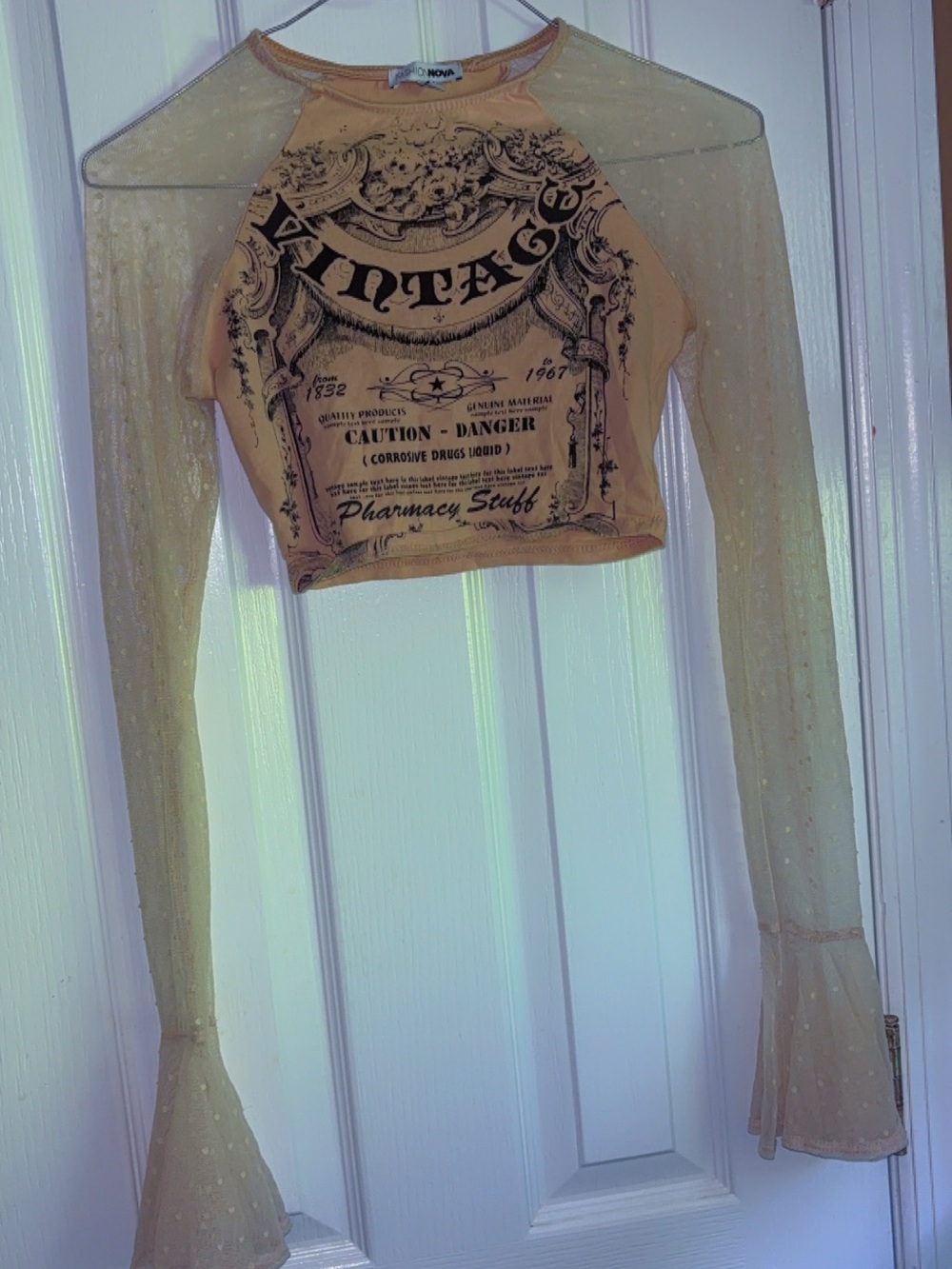 Fashion Nova Sheer Yellow Vintage Graphic Long-Sleeve Crop Top
